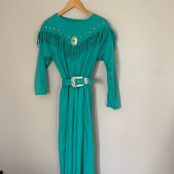 VINTAGE FRINGE DRESS WITH MATCHING BELT COTTON BLEND MADE IN USA - Picture 3 of 12
